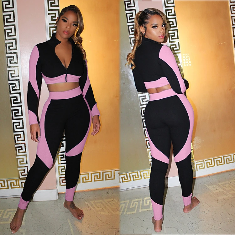 High Quality Zipper V Neck Sexy Crop Top Fall 2021 ladies Clothes Two Piece 2 Piece Set Women Clothing