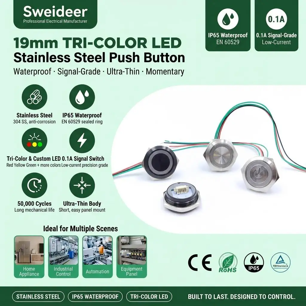 Close-up of solder joints and internal LED array inside a disassembled 16mm tri-color push button