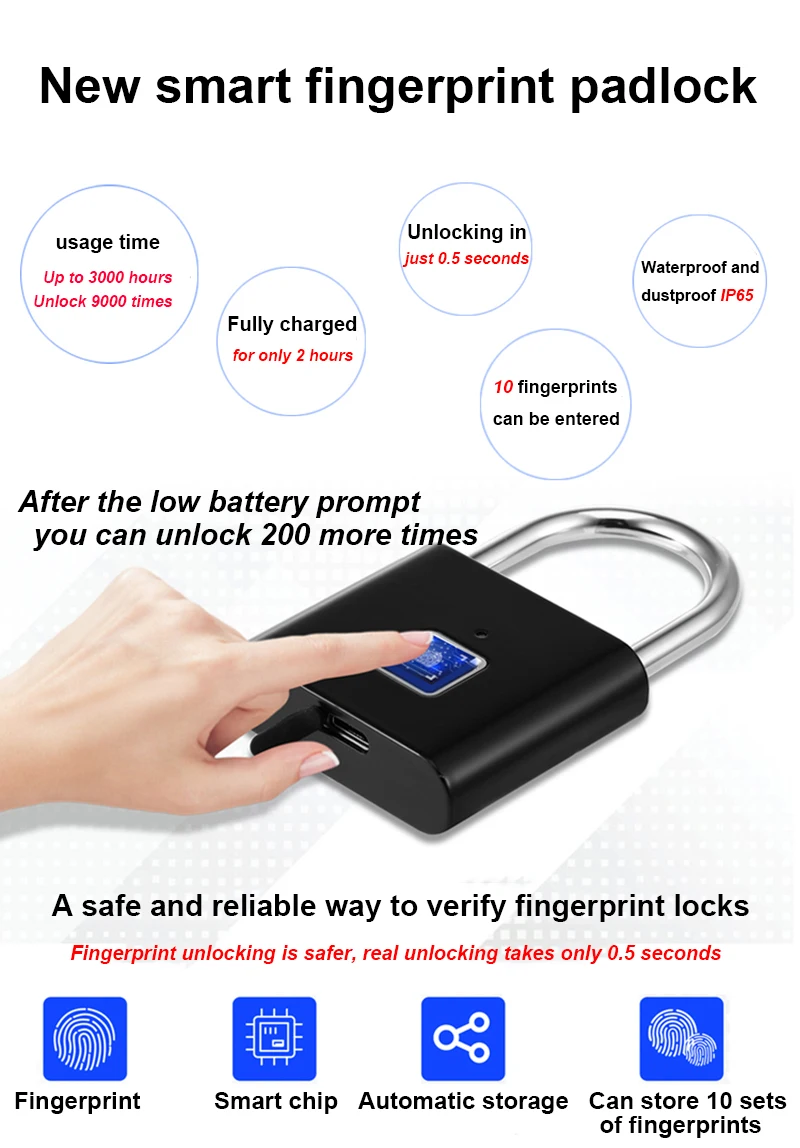 Fingerprint Lock Safety Door Lock Smart Fingerprint Padlock Portable Small Travel Luggage Suitcase Fingerprint Lock