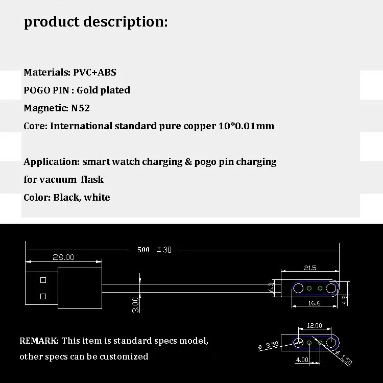 Universal 1a Usb Pogo Pin Charger 7.62mm 2pin Charging Cable