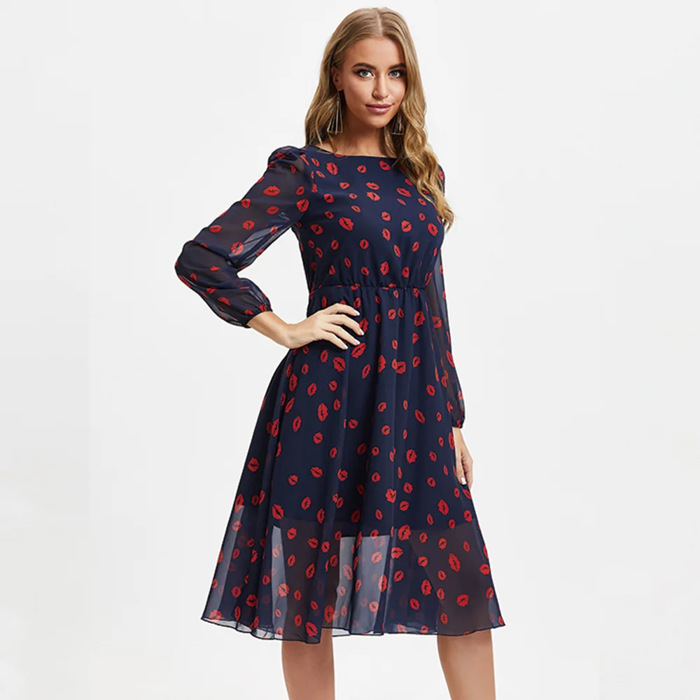 Women Boutique Style Clothing Long Sleeve Printed Midi Casual Dresses ...