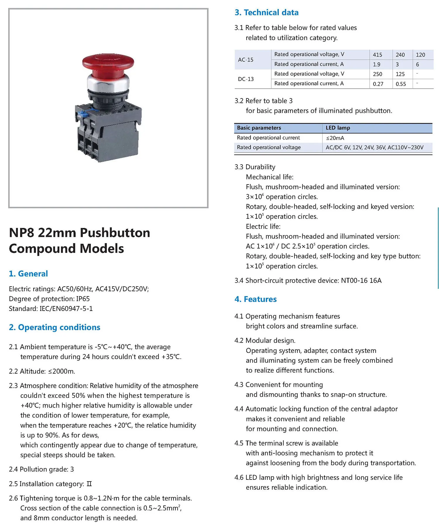 Chint NP8 NP8-11ZS/14 NP8-20X/31 NP8-11BN/2 NP8-11BN/4 NP8-10BN/2 NP8-10BN/3 NP8-11X/212 CHNT IP65 Waterproof Pushbutton Switch