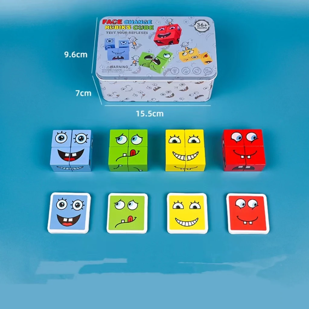 Wooden Face Changing Expressions Matching Block Puzzles Building Cubes 