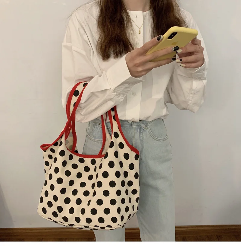 2024 Japanese Style Canvas Shopping Bag Fashionable Dot Casual Shoulder Handbag Outdoor Canvas Shopping Bag