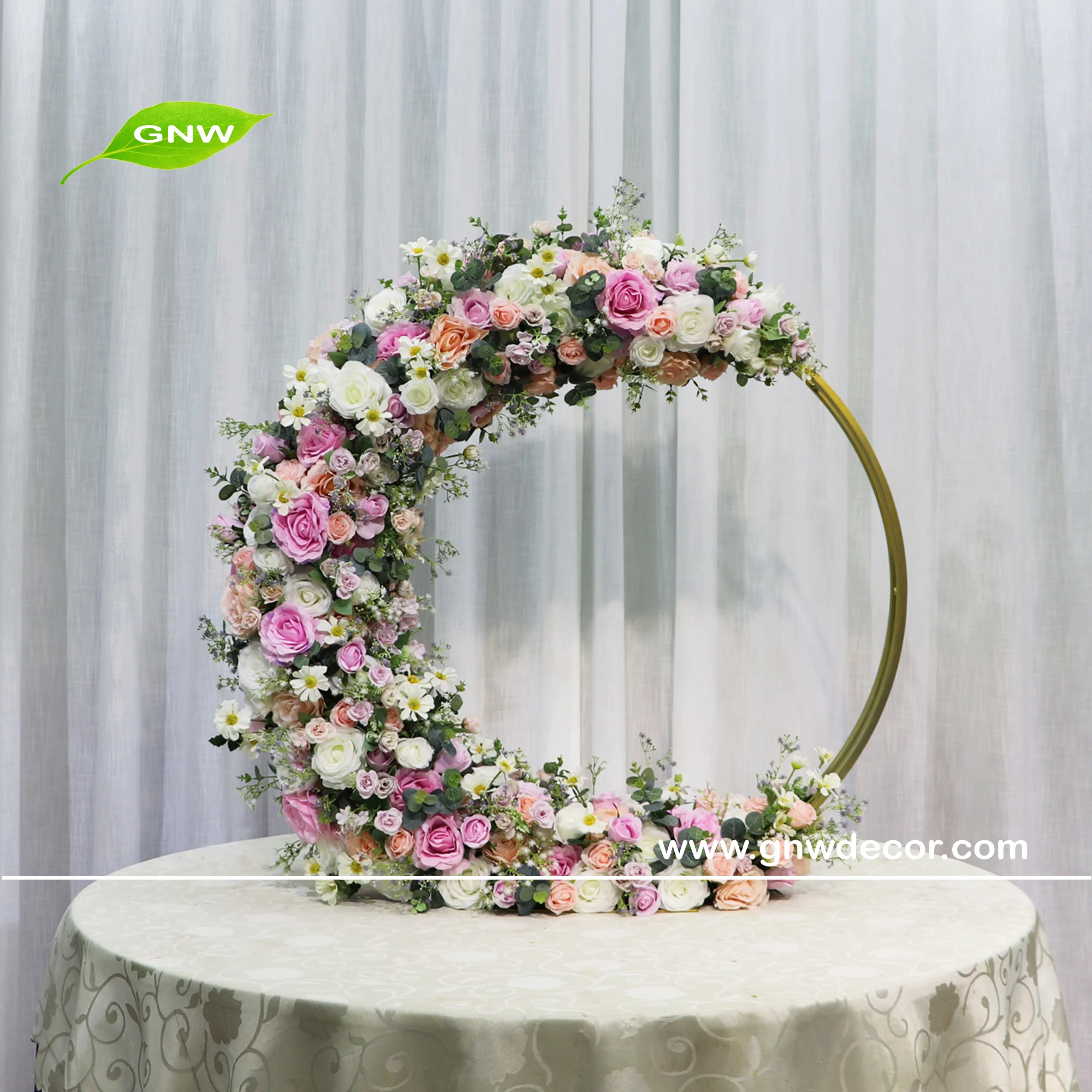 Gnw New Artificial Arch Background Silk Rose Flower Decorated Flower Wooden Arch For Wedding