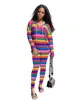 ME215 New long sleeve loose hat Colour striped printing women fashion Two Pieces Set