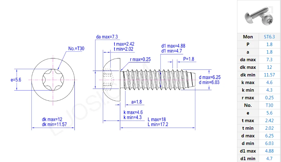 Ti6Al4V titanium pan head tapping screw M6 x 2.5 x 20mm