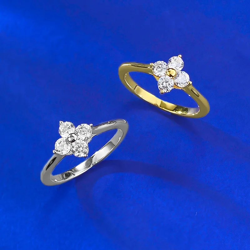 Small Fresh Style S925 Silver Ring Live New Four-leaf Clover with Geometric Lab Diamond Lucky Grass French for Party Gift