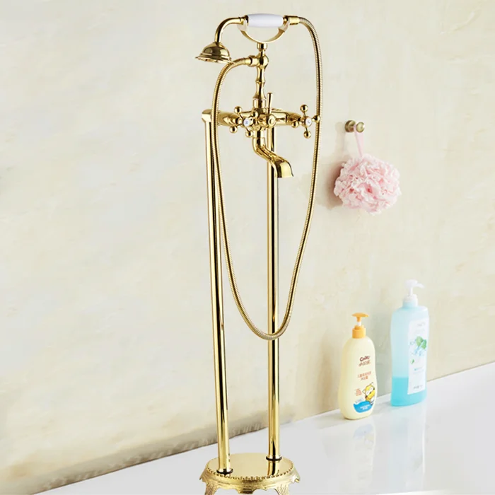 Polished Luxury Gold Color Brass Clawfoot Tub Shower Faucet Set Kran Duchas Bath Grifo