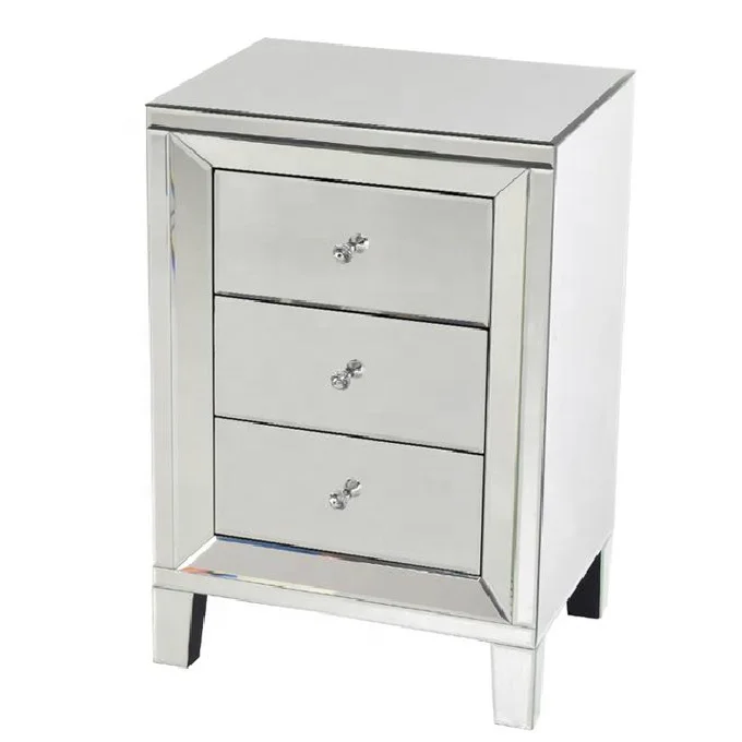 2021 Modern Top Selling Handmade Silver Color 3 Drawers Mirrored Side tables Nightstand Bedsides for Bedroom furniture