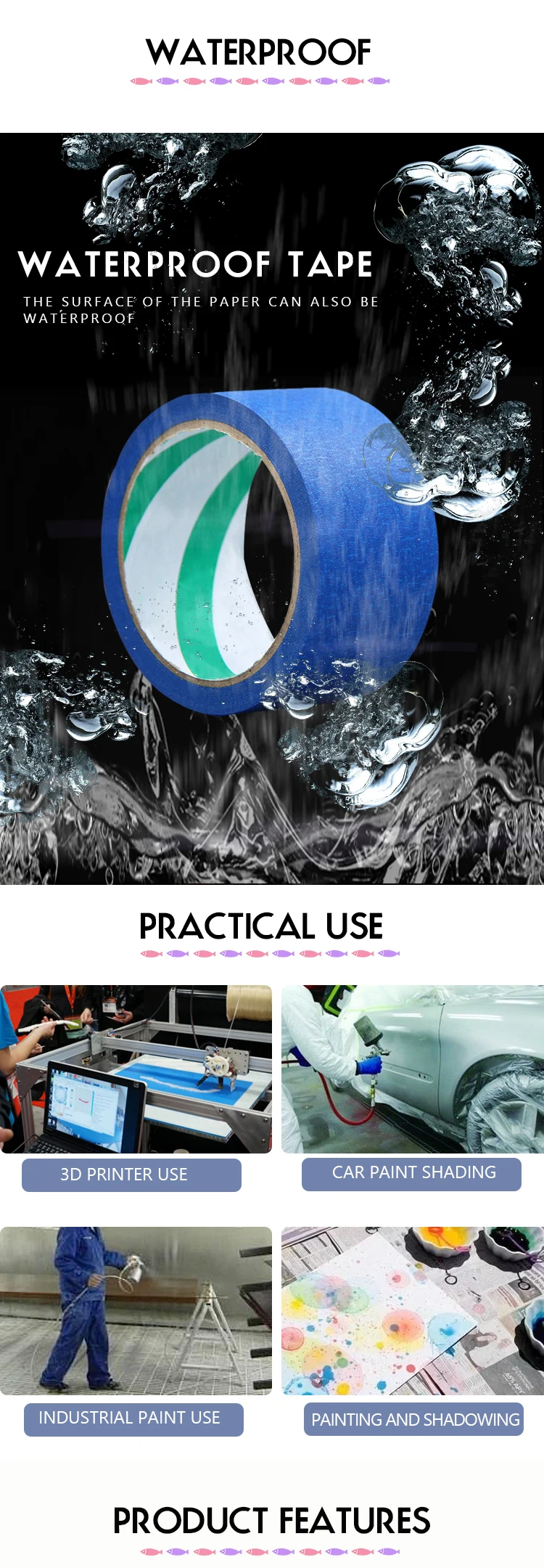 6 pack Custom UV Resistant Easy Removal No Glue Residue Blue Masking Painter Masking Tape for Car masking tape manufacturing