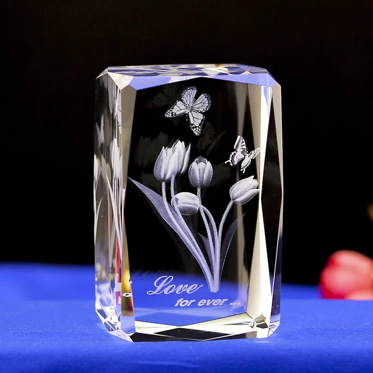 3D Laser Engraved Crystal Flower Love Gift Polished Office Decoration Paperweight for Valentine's Day Souvenir Mascot Model factory