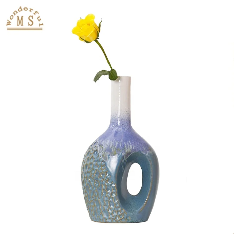 Porcelain Creative Ocean Style Flower Vase for Home Interior Decoration,Stoneware shine Glazed Bule and Green Color flower Pot