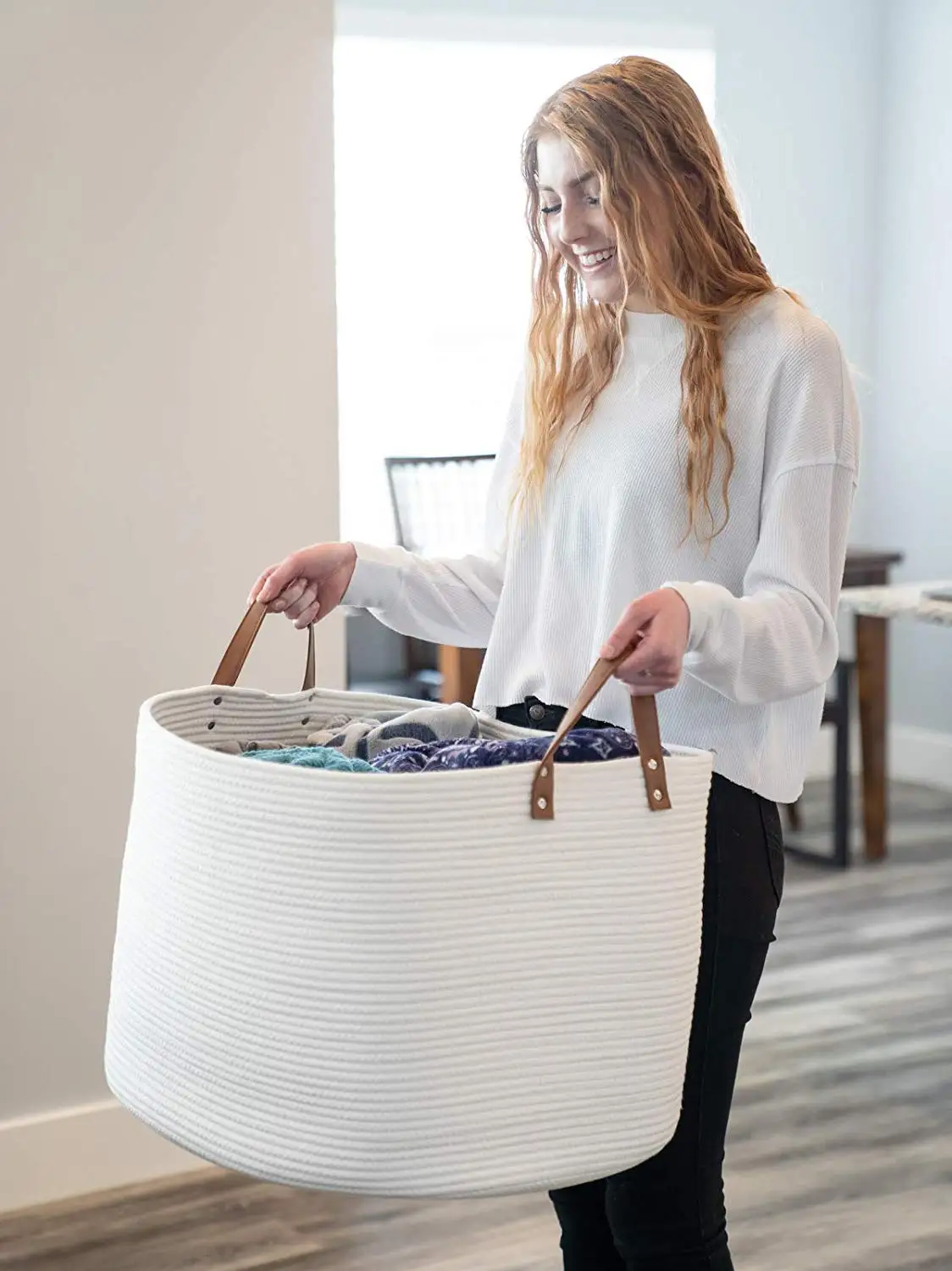 Large Woven Cotton Rope Storage Basket With Strong Handle,Folding