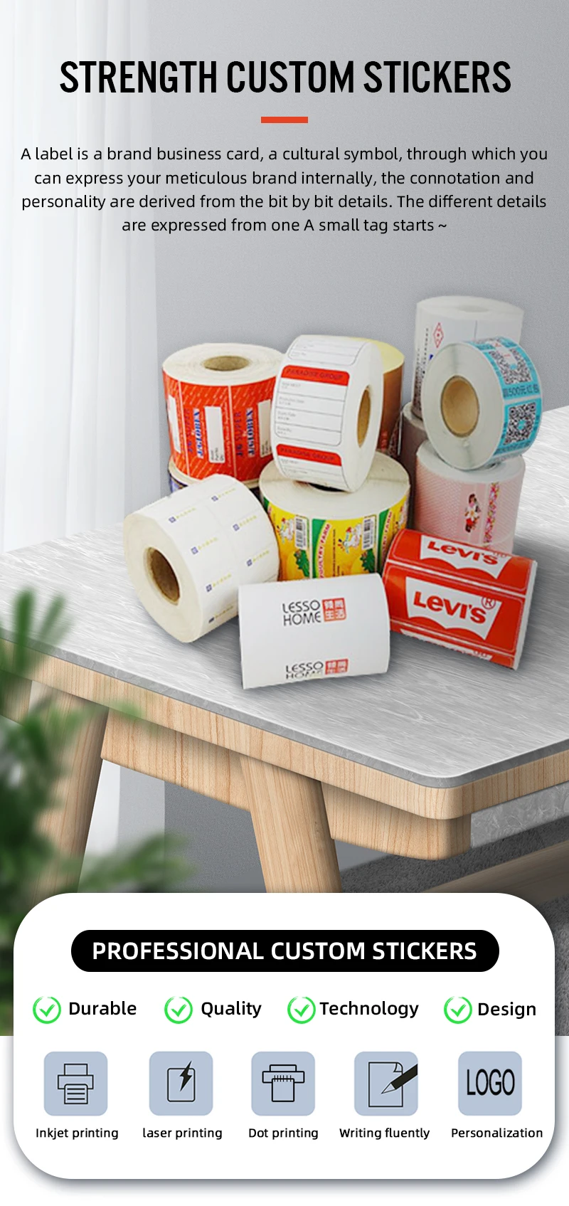 Custom printed logo labels for packaging waterproof labels, printed volume labels, round labels