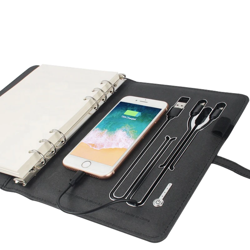 Business a5 notebook multi functional pu leather usb customized  light up logo organizer with power bank notebook