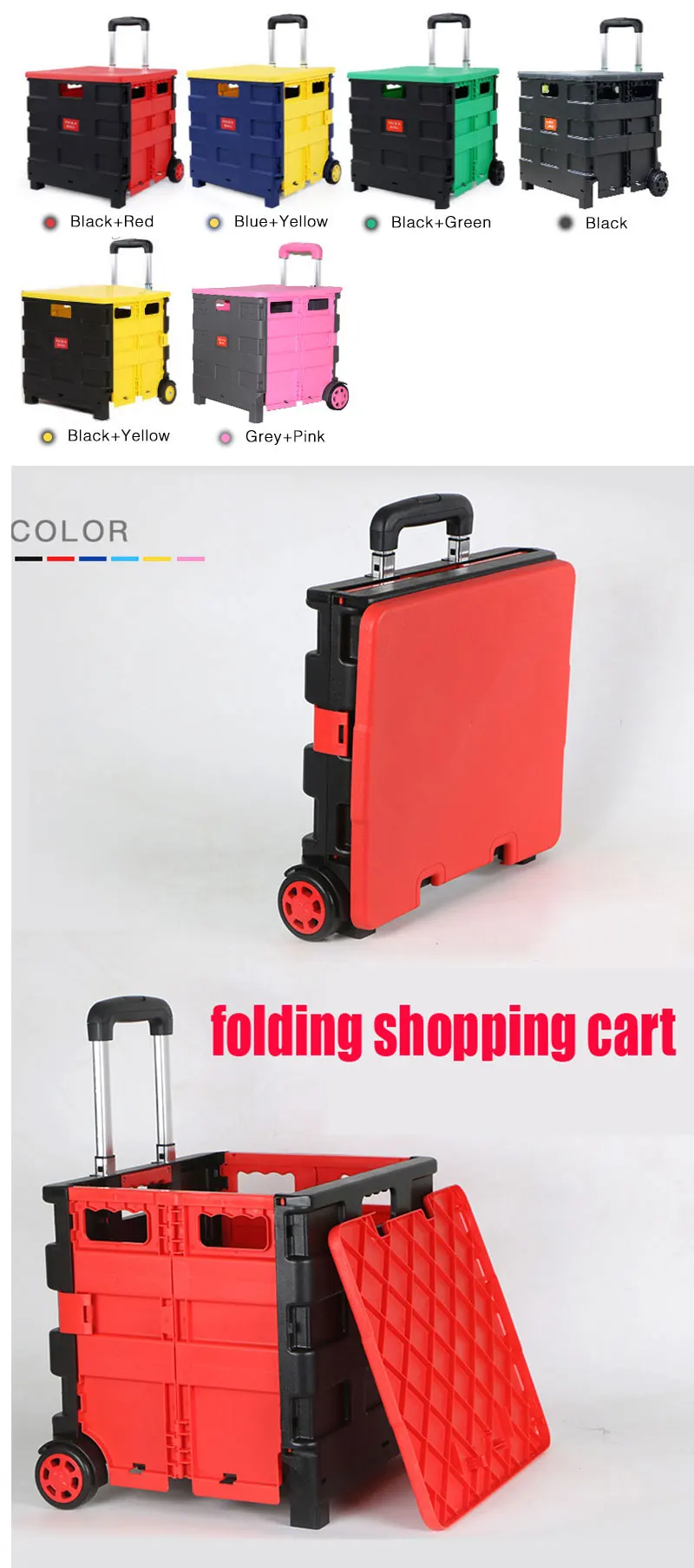 Plastic Rolling Hand Pull Push Tool Supermarket Trolley Foldable Utility Folding Shopping  Cart Trolley