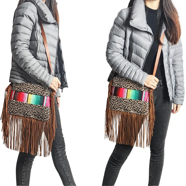 Serape Fringe Purse Leather Straps Leopard Shoulder Bag Women Crossbody