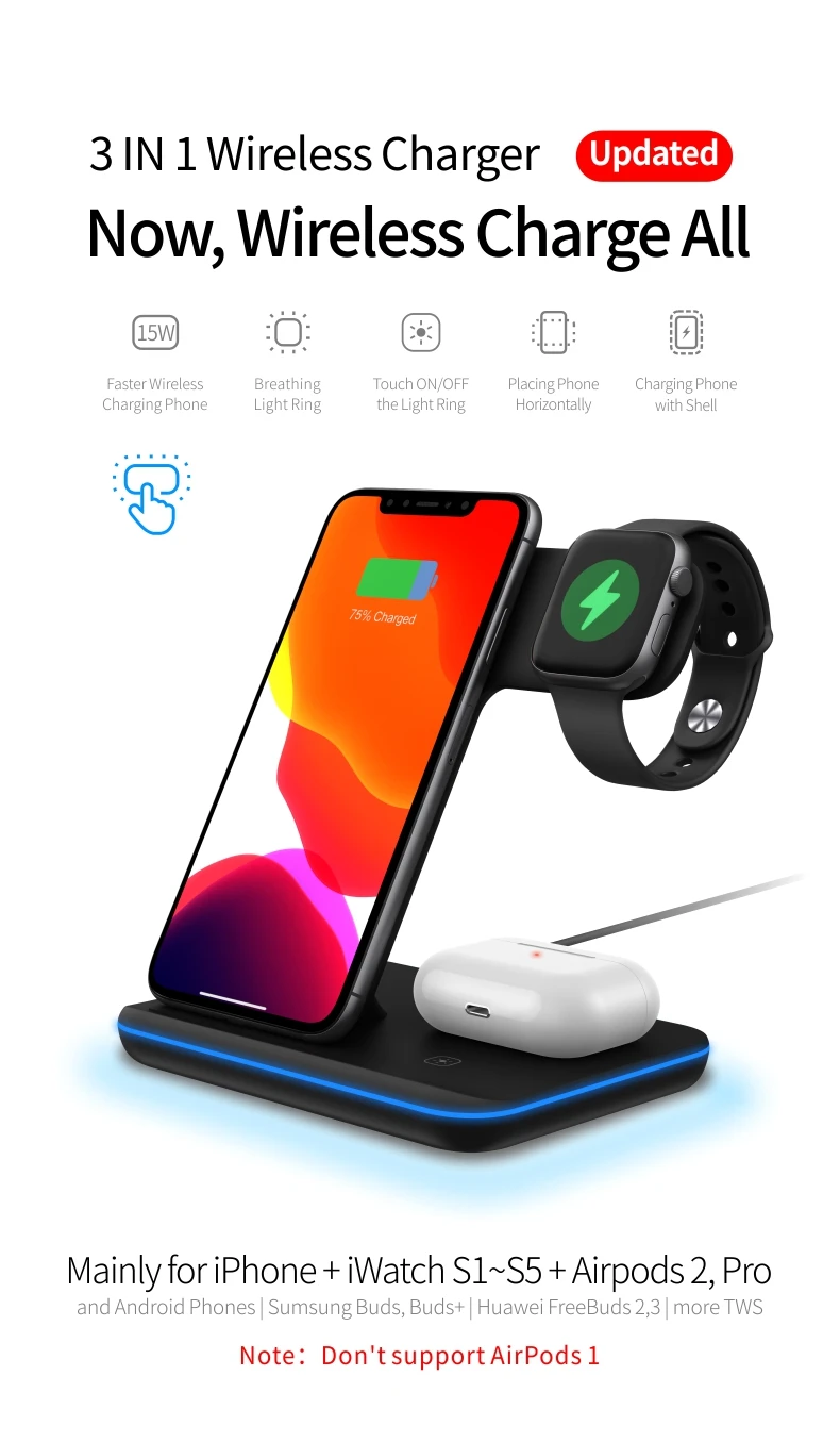 2020 Upgraded 15w qi universal 3 in 1 wireless charging station pad Fast Wireless Charger with stand for iPhone iWatch AirPods