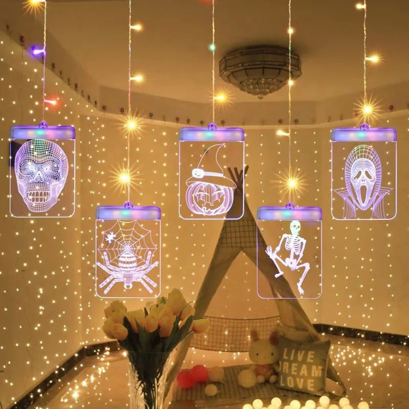 Halloween Theme 3D Night Lights LED Icicle Curtain Fairy String Light 1.5M X 0.7M USB Power Hanging Illusion Lamp
