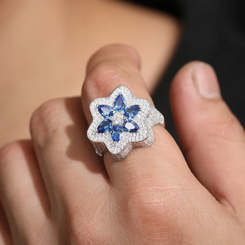 S925 Silver Moissanite Ring for Men Flower Shape with Super Flash Diamond Hip-Hop Style All-Match Natural Diamond Ring