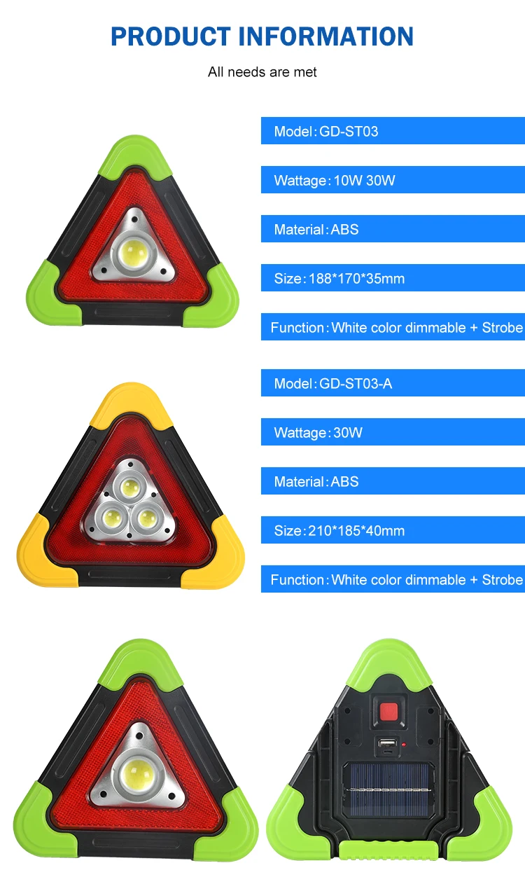 Warning triangle outdoor emergency portable rechargeable 10w 30w solar led warning light