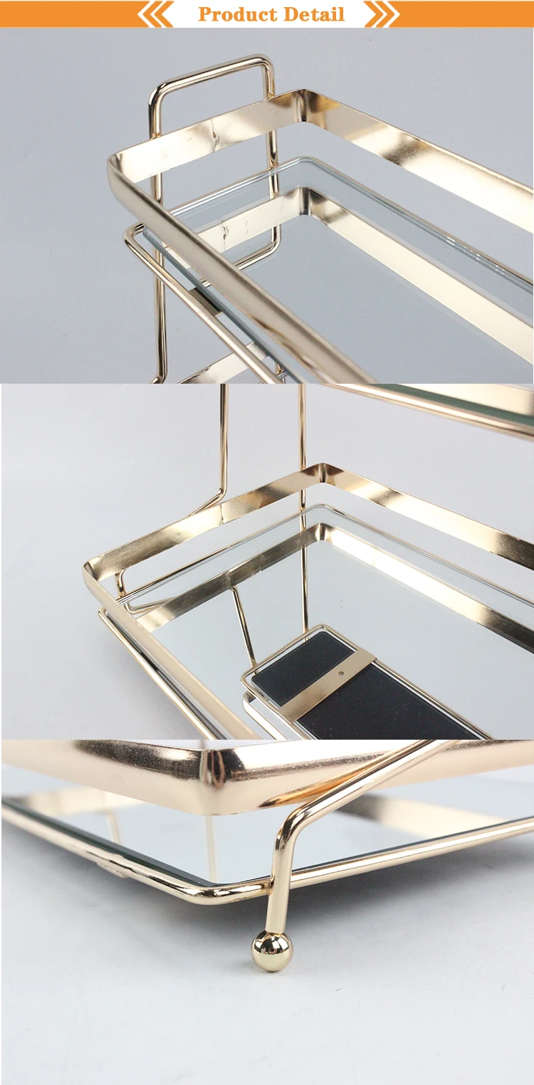Ready to ship perfume 2 tiers home decor luxury gold tray metal bath vanity mirror tray