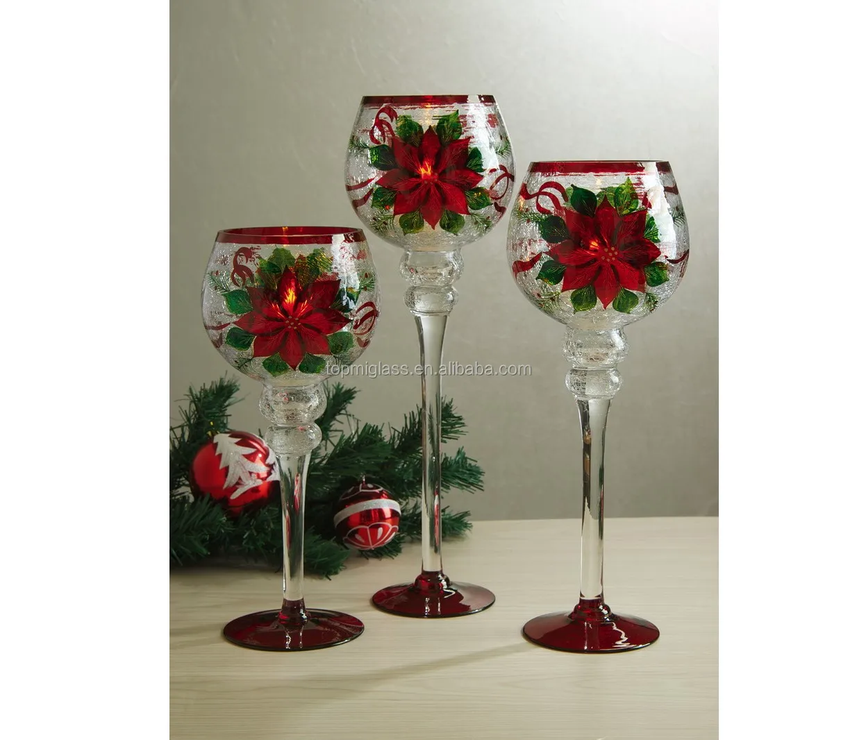 Set of 3 CRACLE GLASS CANDLE HOLDER POINSETTIA DESIGN