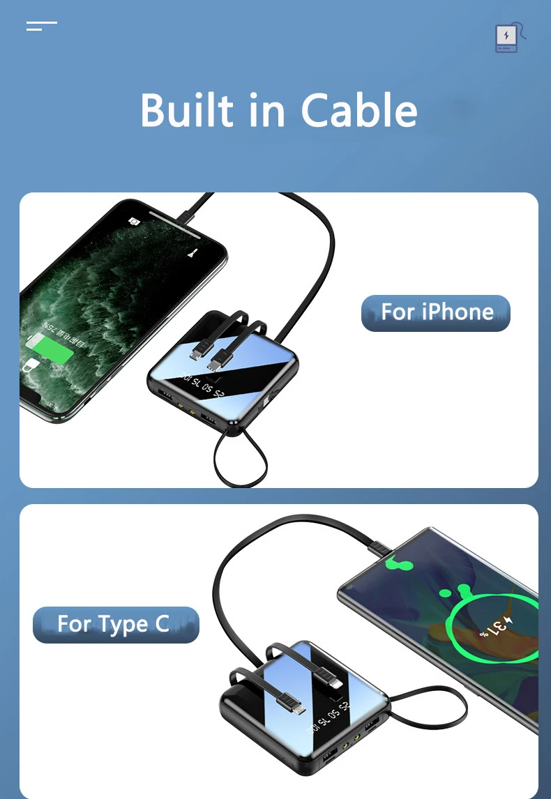 20000mAh Power Bank External Battery Charger Mini Powerbank Built in Cable For Huawei Xiaomi iPhone 11 Samsung S10 S20 Poverbank - ANKUX.COM