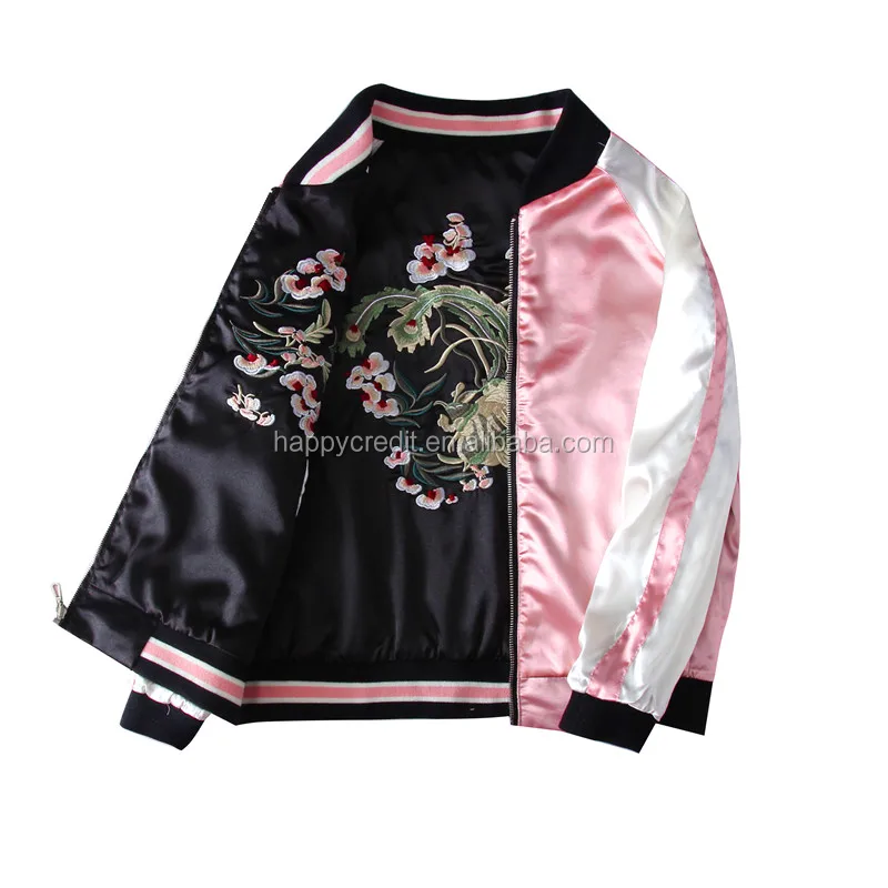 Reversible Satin Embroidered Bomber Jacket Women Baseball Coat Floral Embroidery