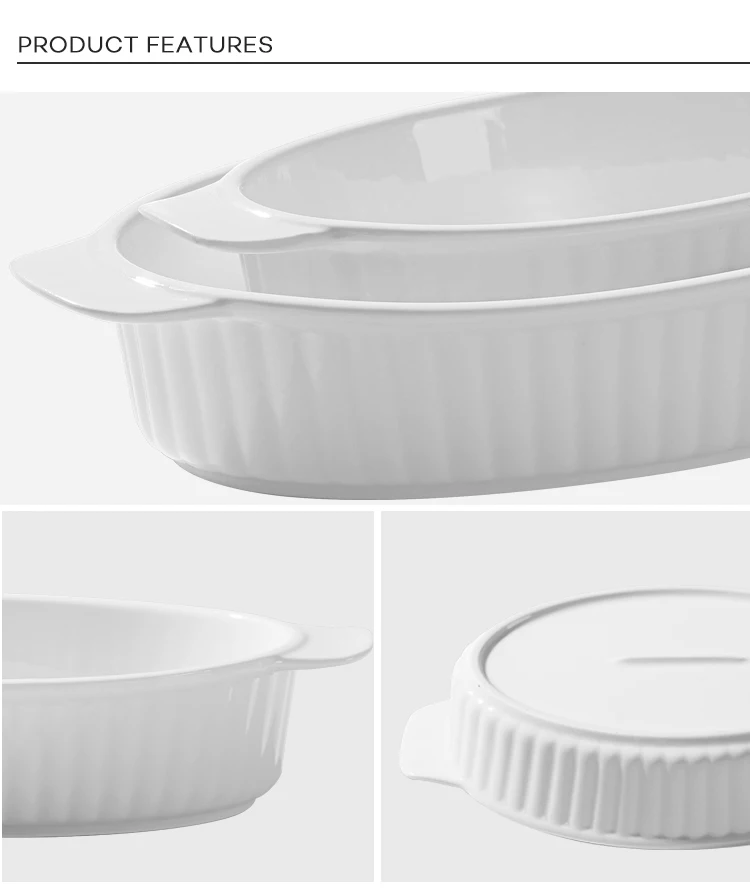 Free Sample 9.5"/12" White Ceramic Oval Baking Dish With Handles Buffet