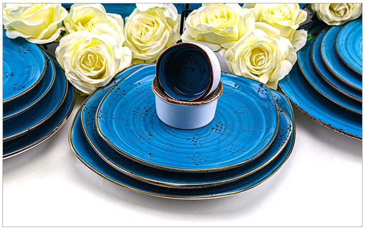 Catering Tableware Porcelain Retro Color Reactive Glaze Crockery Restaurant Hotel Plates Set Dinnerware Ceramic Dinner Set