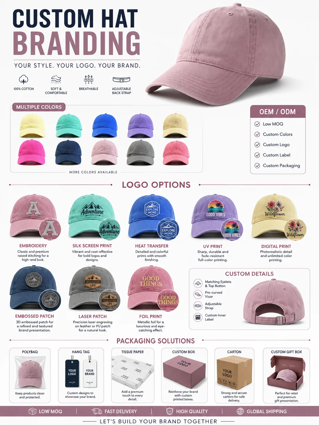 Custom Logo Washed Cotton Dad Hat Unstructured Vintage Baseball Hat Embroidered Sport Hat OEM