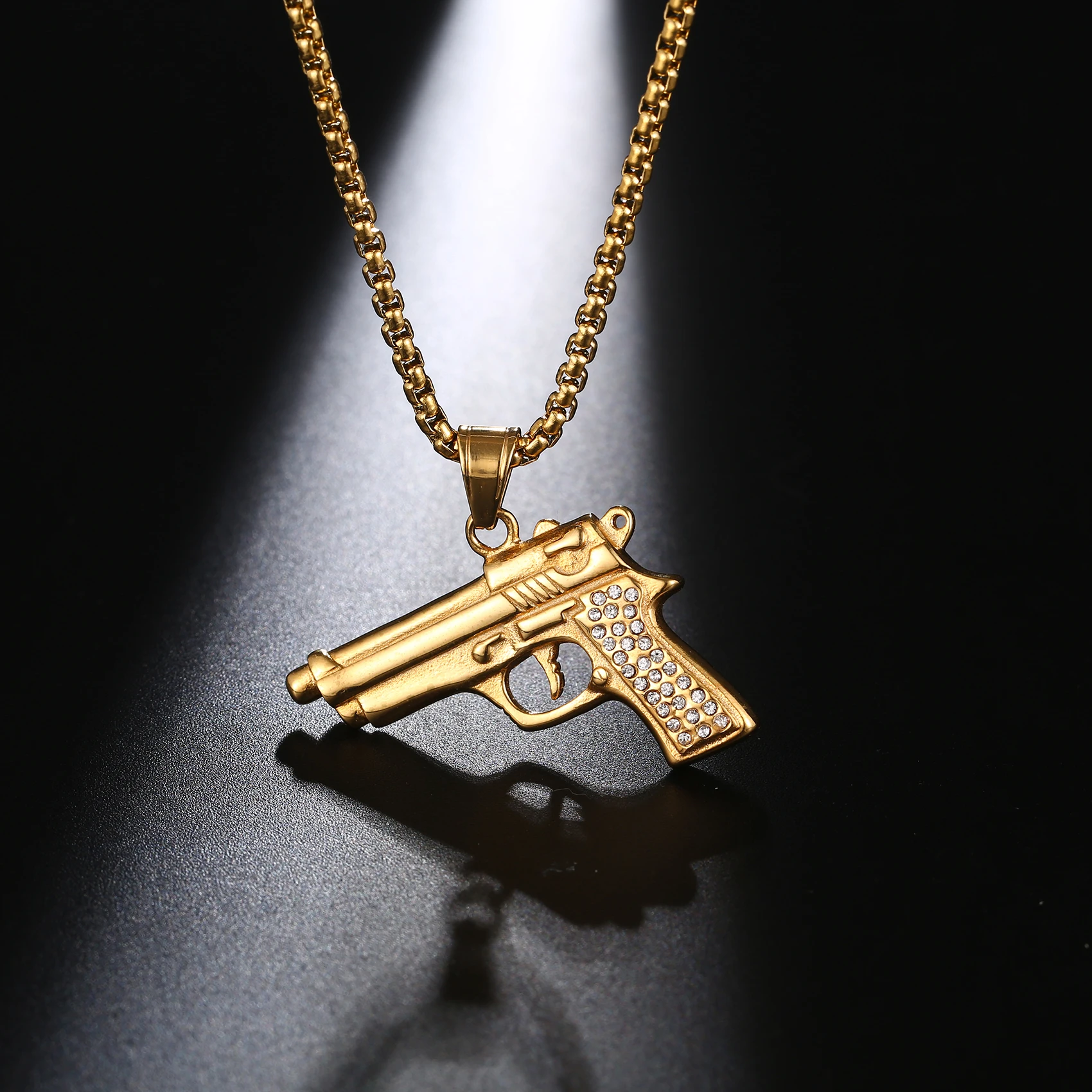 朋克男装定制珠宝18k镀金cz钻石枪链吊坠项链