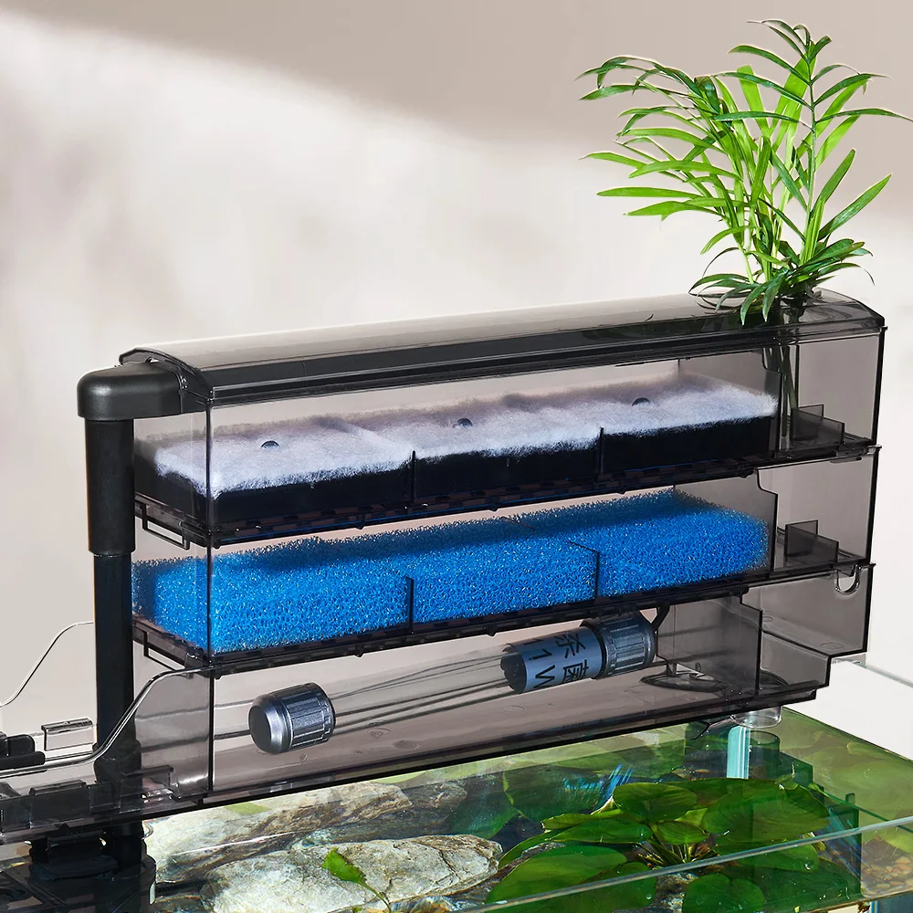 box filter for fish tank Pond Bakki Shower Trickle Drip Filters Ponds Up To 14,400 Gallons At 16,100 Gallons Per Hour(GPH) and the air flow will pull water through the filter AQQA Hang On Back Aquarium