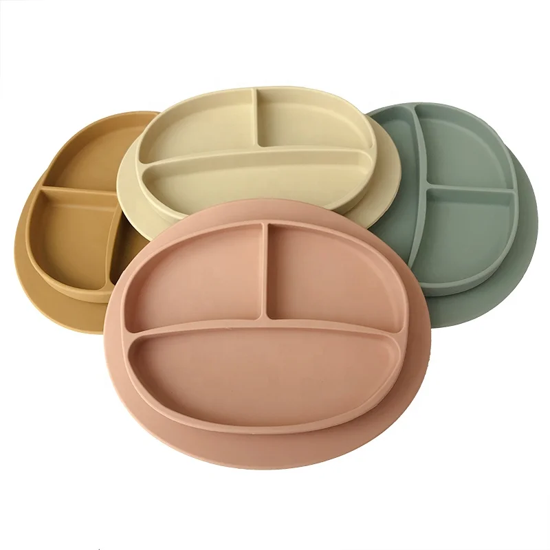 
Divided Unbreakable Silicone Baby Platemat Non-Slip Dishwasher Suction Feeding Set LFGB Bebe Silicone Suction Plate 