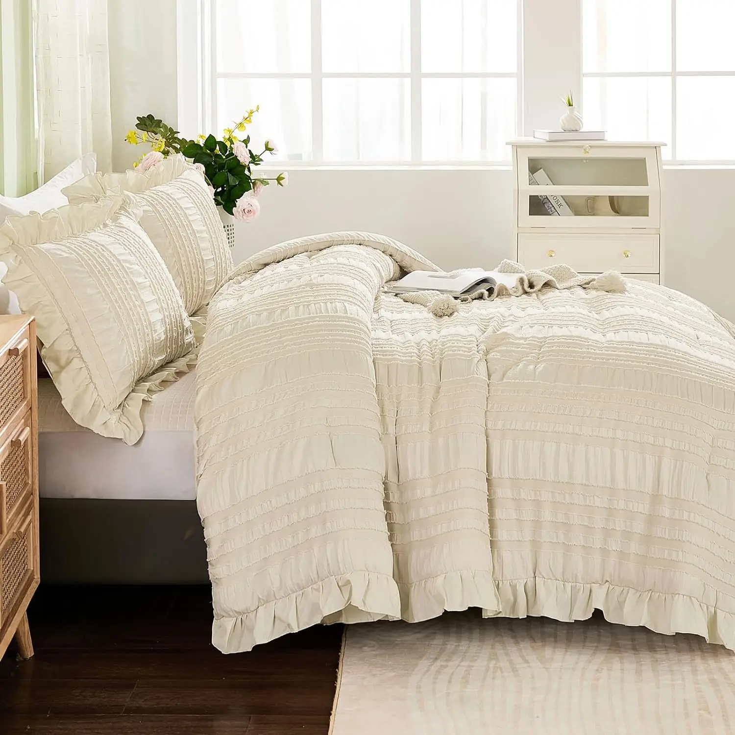 Beige Seersucker Comforter Set 3 Pieces Ruffle Farmhouse Shabby Chic Custom Comforter Soft Microfiber Bedding Set details