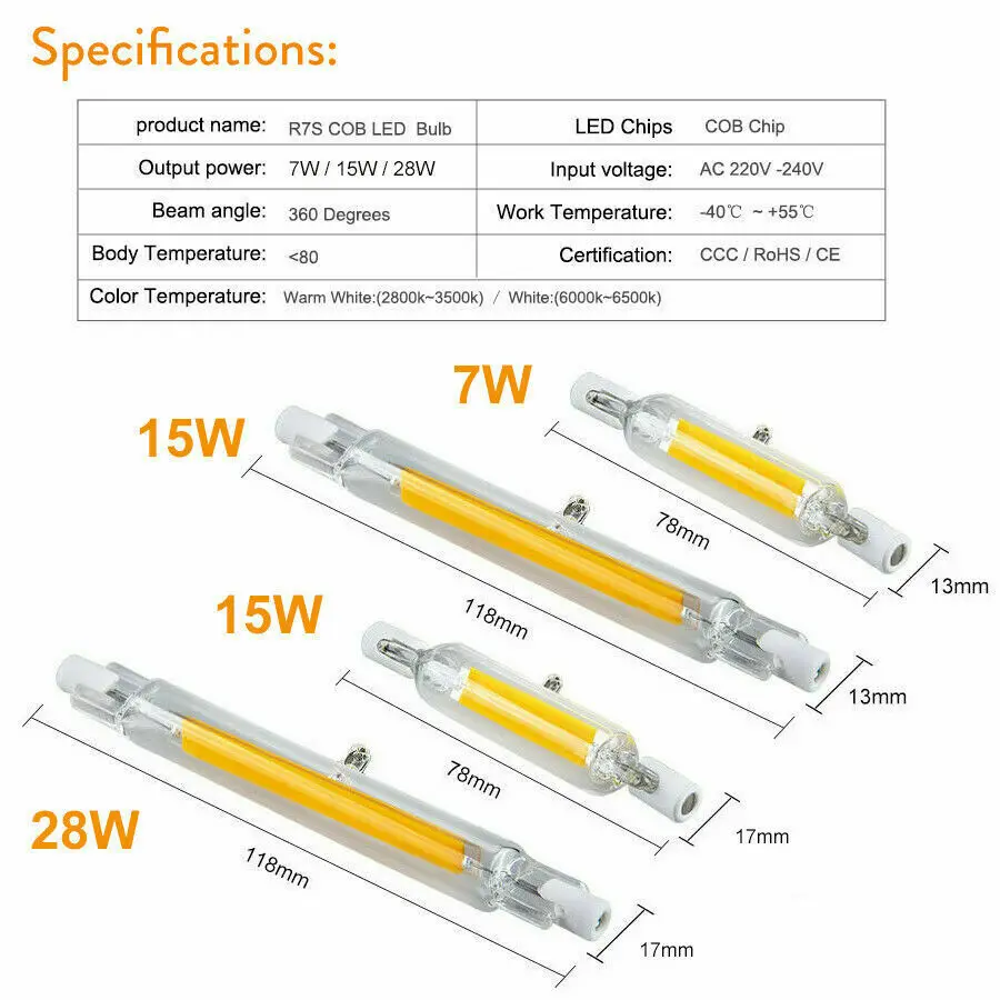 R7S LED Light Bulbs Dimmable 7W 15W 28W 78mm/118mm Replace Halogen Lamp