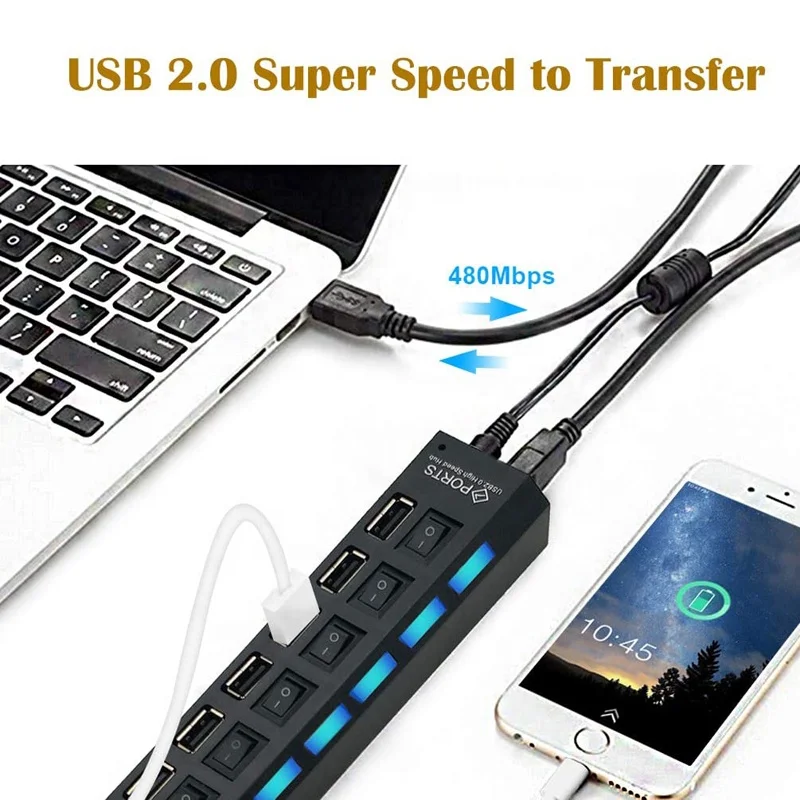 High Quality Multi Port Usb Splitter 7 Ports Usb 2.0 7 In 1 Usbc Pd