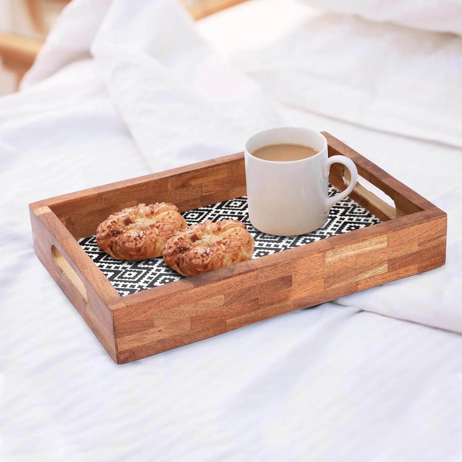 Ottoman Black And White Ethnic Pattern Printed Rectangular Wood Serving