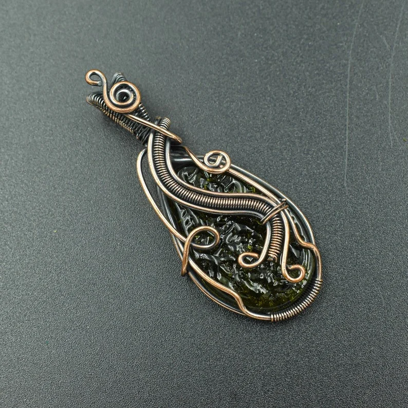 Natural Green Moldavite Gemstone Wire Wrap Pendant Copper Pendant