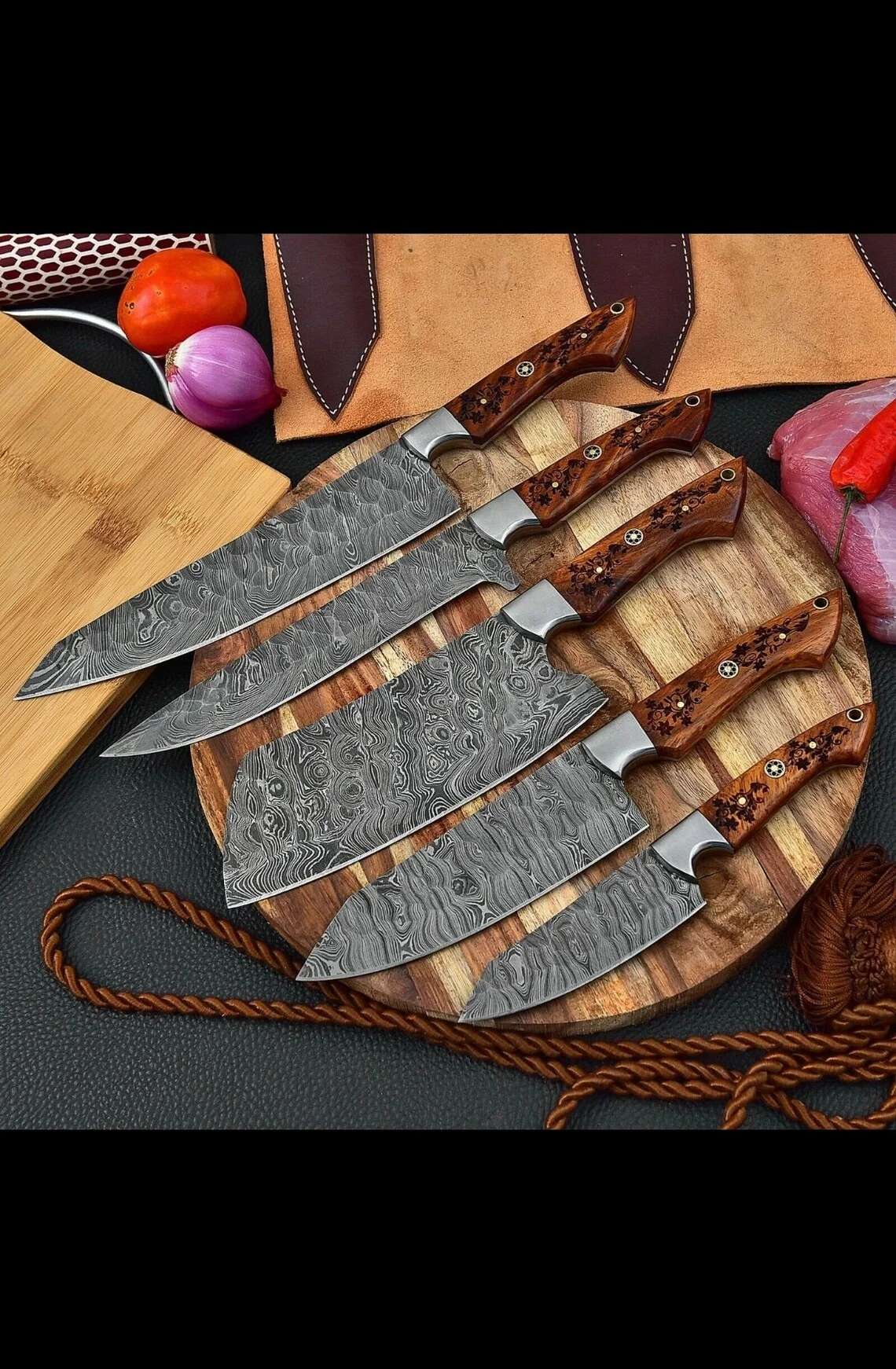 Labonita Feltham Custom Handmade Damascus Chef Knife Set With Leather
