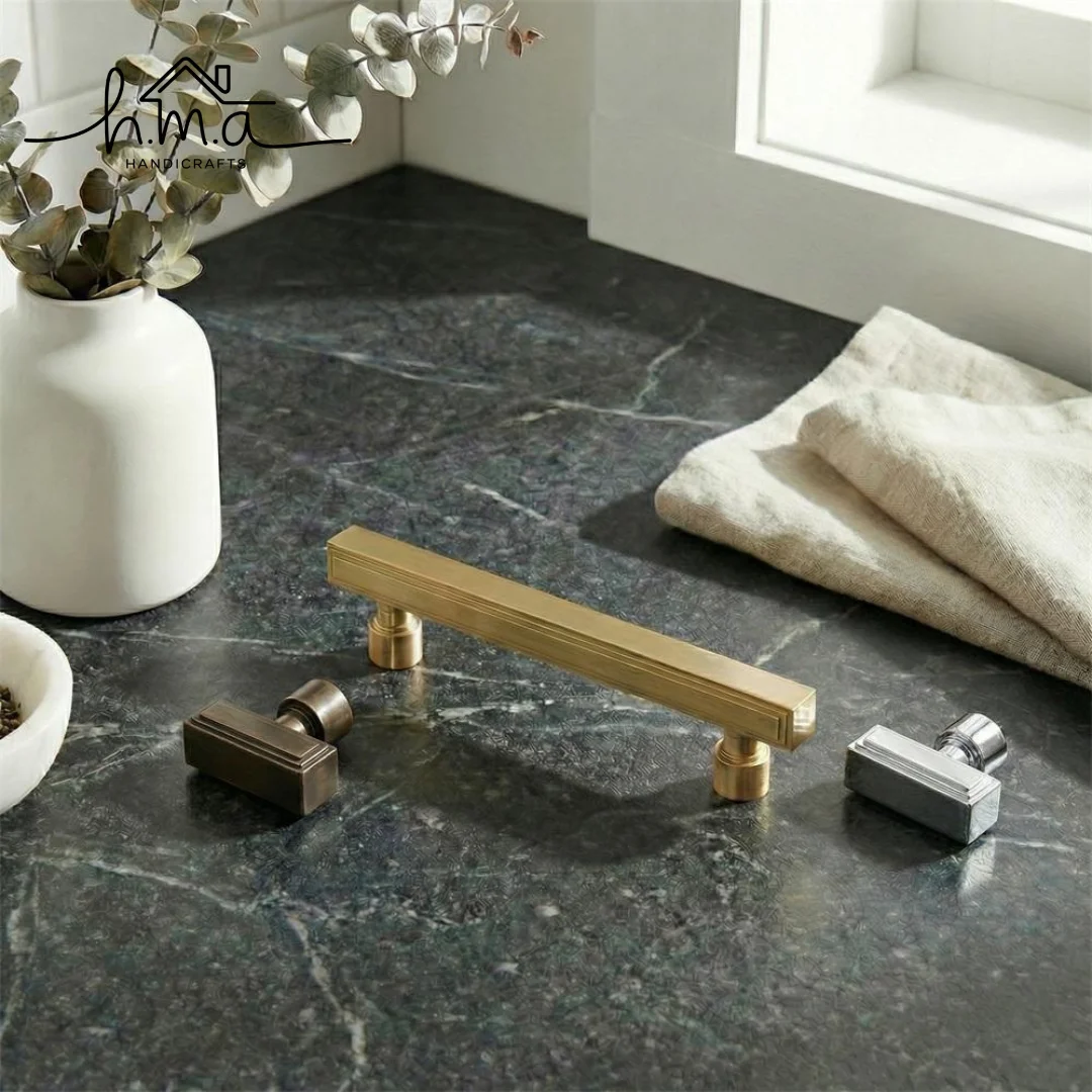 Modern Brass and Steel Cabinet Handle Set Sleek T Bar Drawer Pull ...