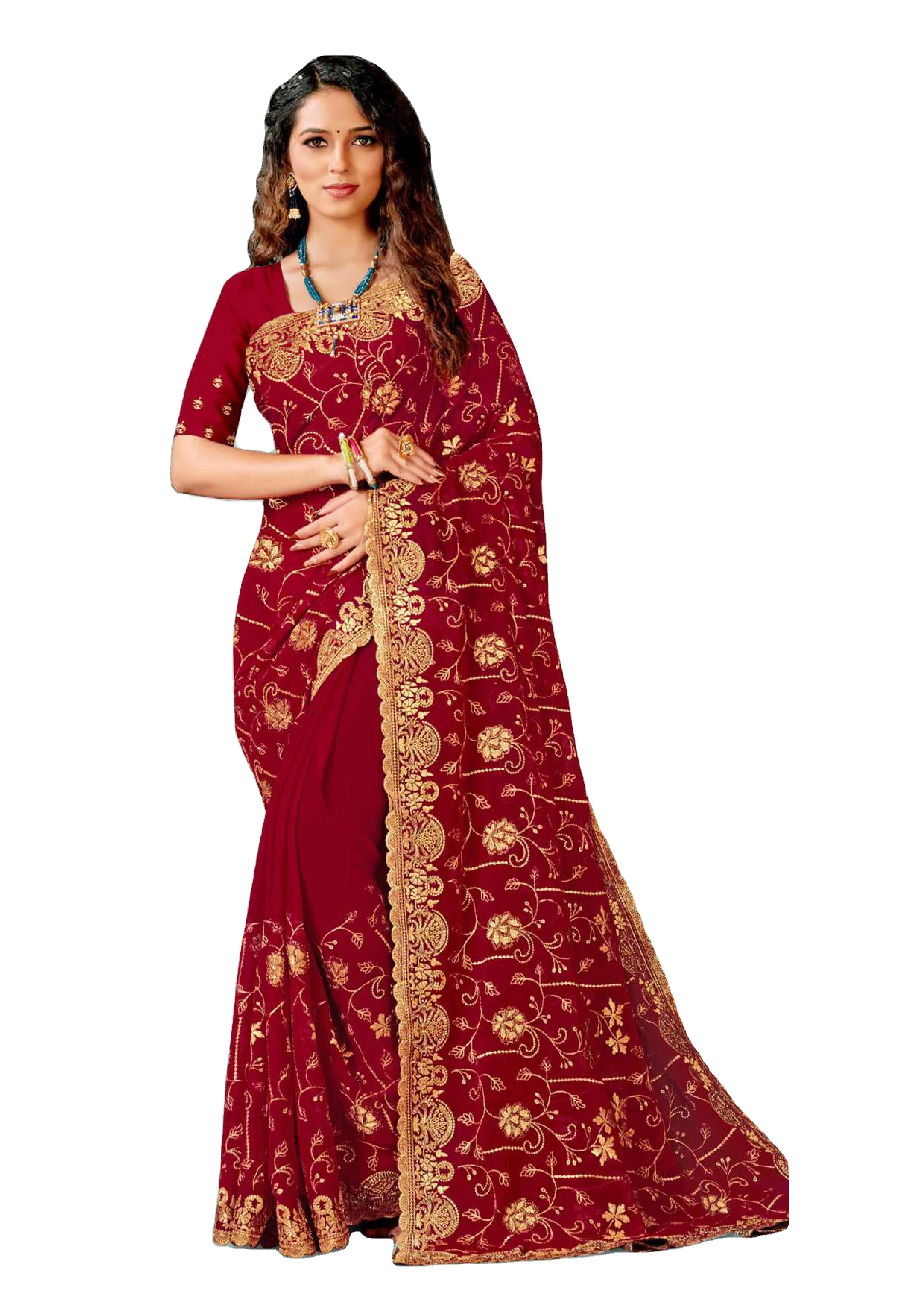 Simmer Heavy Zarkan Embroidery Work Saree With Blouse Piece Indian