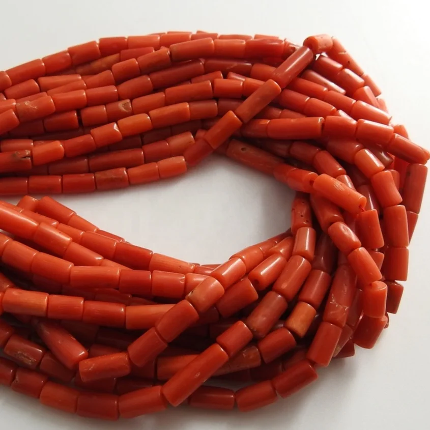 Italian Red Coral Smooth Tubes Shape Beads Drum Cylinder Handmade Loose Stone For Making Jewelry