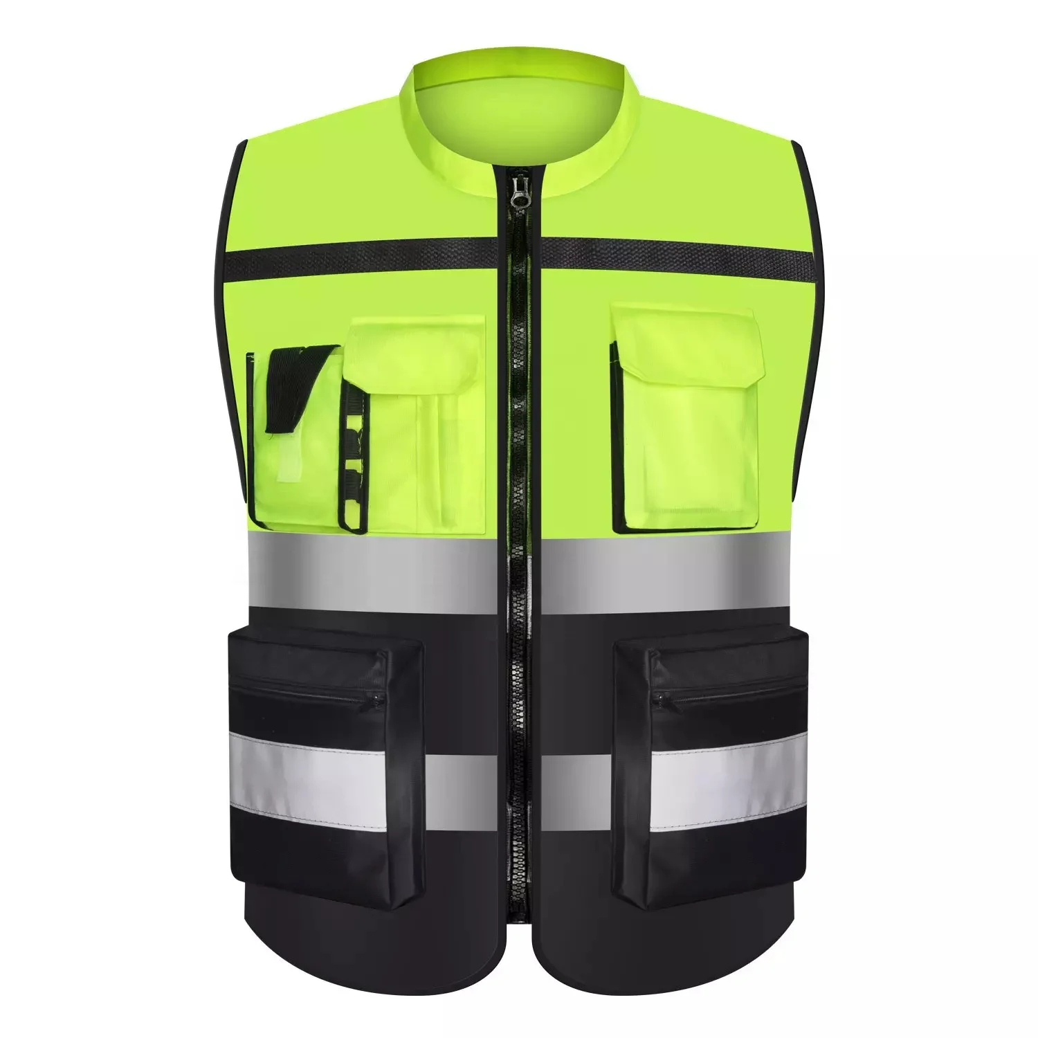 Hi Vis Reflective Fluorescent Yellow And Black Vest Size Adjustable
