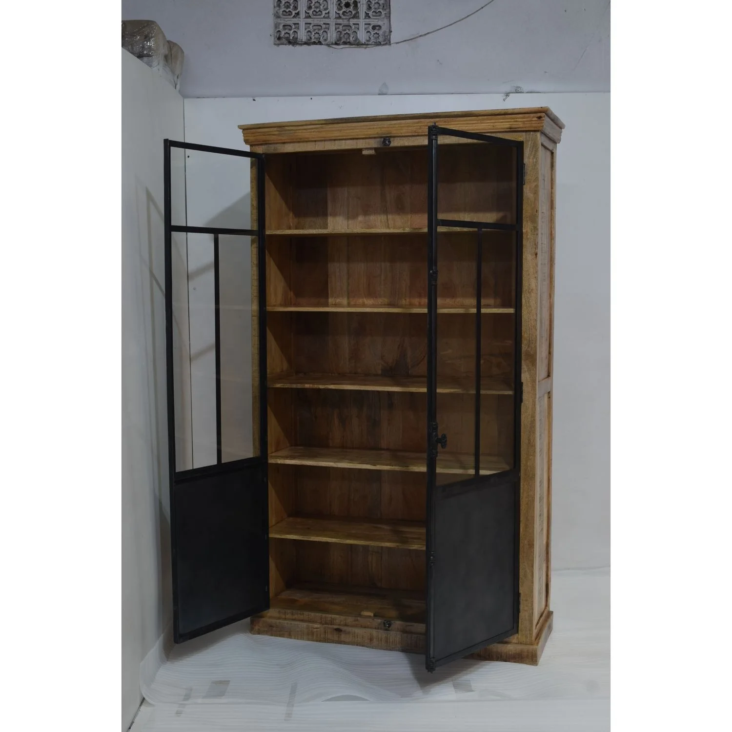 Tall Mango Wooden Almirah With Glass Panel Vintage Industrial