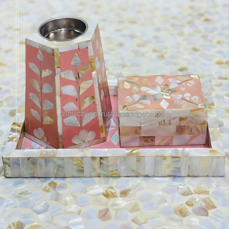 Elegant Handmade Mother Of Pearl Inlay Round Serving Tray Set With ...