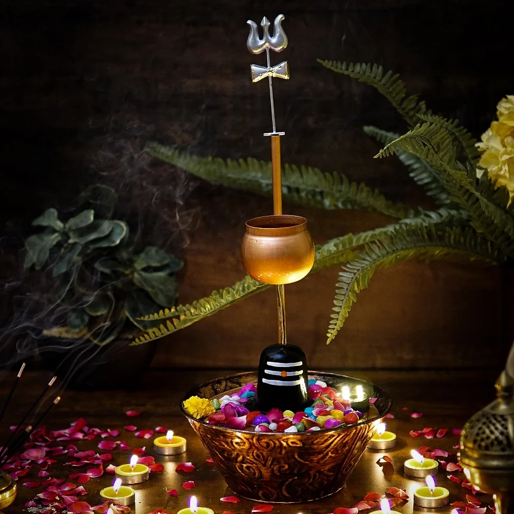 Resin Metal Shiv Water Lingam Fountain For Home Office Decor Showpiece