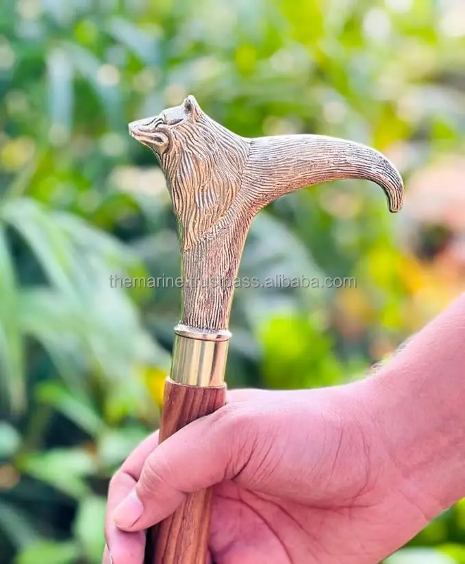 Handmade Brass Lion Head Handle With Brown Wooden Walking Stick Antique